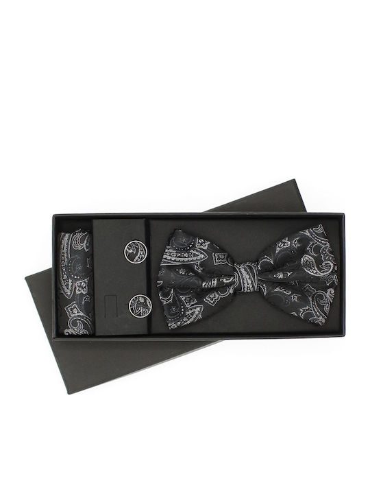 3-piece Set Bow Tie Cufflinks Pocket Square Men Buticcochet Black Setp290