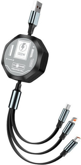 3in1 Retractable Cable Phone Flippy 100w Fast Charging Cable Mecha Style Suitable Car Universal 1.2m Black