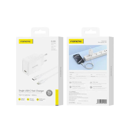 Foneng GaN Charger with USB-C Port and USB-C - Lightning Cable 20W Power Delivery White (EU55)
