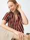 Short Sleeve Women's Linen Shirt Red Striped