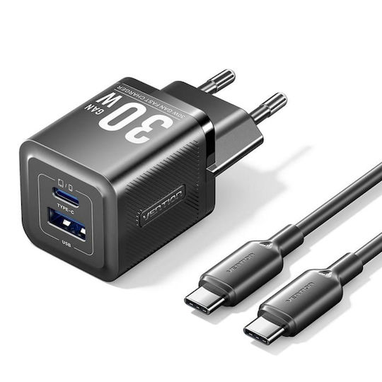 Vention Φορτιστής GaN με Θύρα USB-A και Θύρα USB-C και Καλώδιο USB-C - USB-C 70W Μαύρος (FCGB0-EU)