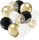 Set Latex Balloons Black White Gold Transparent Confetti 12 Pieces