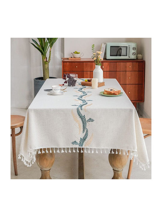 FRIPIA Leinen Tischtuch Mit Stickerei Grün 140x250cm