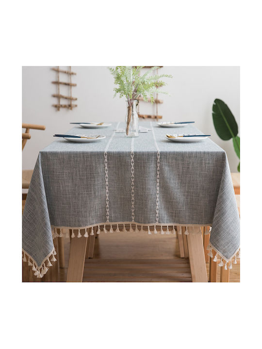 FRIPIA Leinen Tischtuch mit Stickerei Grau 140x200cm