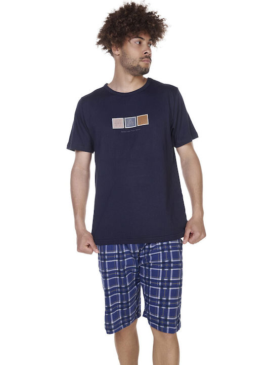 Comfort Καλοκαιρινή Καρό Ανδρική Πιτζάμα Μπλε