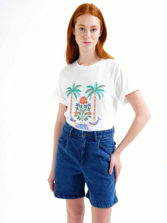 Women's Cotton Short Sleeve Floral Blouse White
