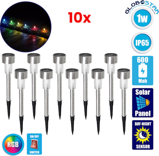 GloboStar Σετ 10 Ηλιακά Φωτιστικά 1W 30lm RGB με Φωτοκύτταρο IP65 4.7x4.7x29.5εκ.