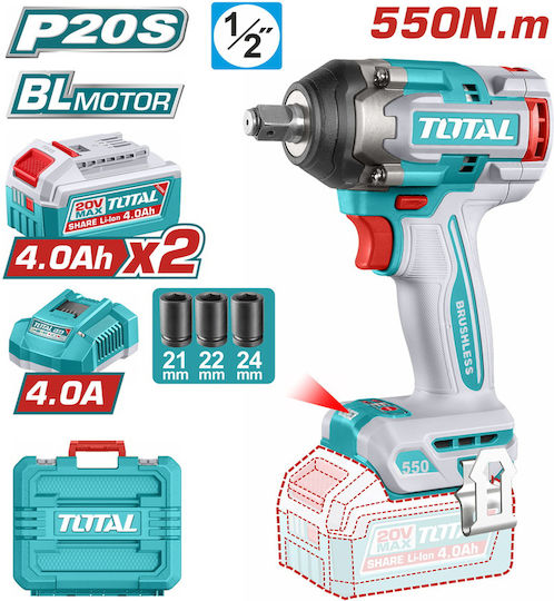 Total Brushless Μπουλονόκλειδο Μπαταρίας 20V 2x4Ah με Υποδοχή 1/2"