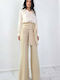 Pantaloni Dama Palazzo High Rise Fit Cu Dungi Bej