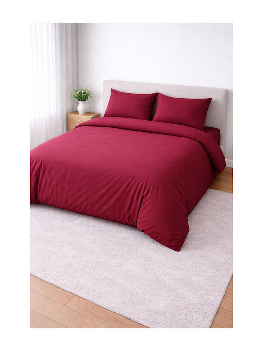 Cotton Duvet Cover Set 220x240cm Double with 2 Pillowcases Red