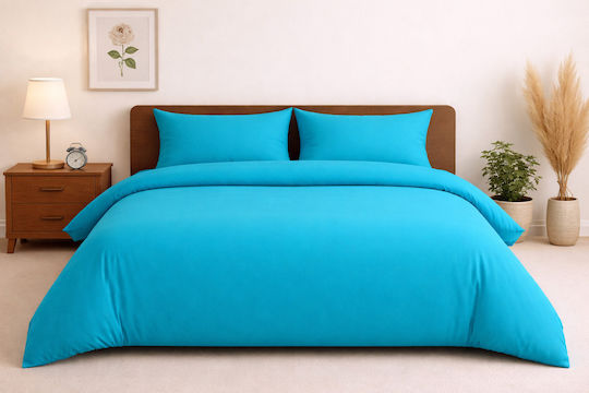 Σετ Παπλωματοθήκη Βαμβακερή 220x240cm Υπέρδιπλη με 2 Μαξιλαροθήκες Τιρκουάζ