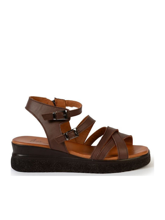 Leather Women's Flat Sandals Flatforms Brown