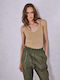 Celestino Women's Spaghetti Strap Rib V-Neck Slim Fit Dark Beige
