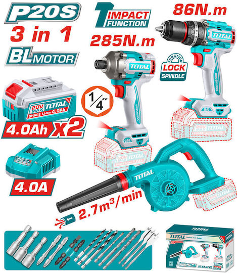 Total TOSLI250883E Battery Tool Set Impact Drill Driver Impact Screwdriver and Blower 20V with 2 Batteries 4Ah
