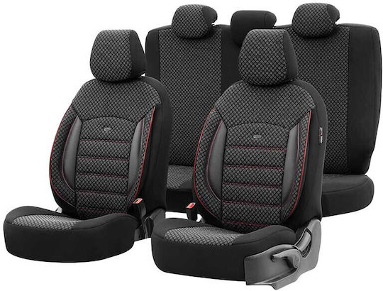 Deluxeboss 292371 Autositzbezüge Set für Ford Explorer Ka Fiesta Focus S-max B-max Mondeo Puma Galaxy Kuga Ecosport Transit Baumwollmaterial Lederimitat Set Vorder- und Rücksitze 11 Stück Schwarz Rot Stickerei