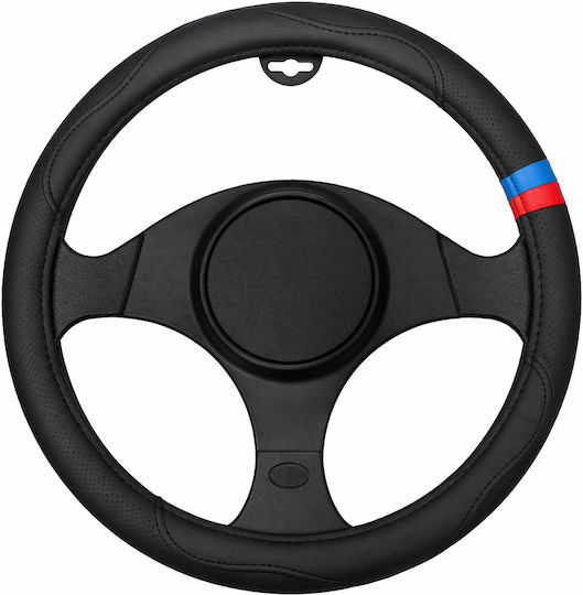 Car Steering Wheel Cover 37-39cm Universal PVC & Rubber Anti-Slip Black Blue & Red Stripe