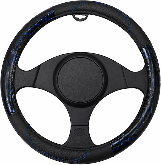 Κάλυμμα Τιμονιού Αυτοκινήτου 37-39cm Universal Pvc & Καουτσούκ Αντιολισθητικό Μαύρο Μπλε Ραφή Carbon Design