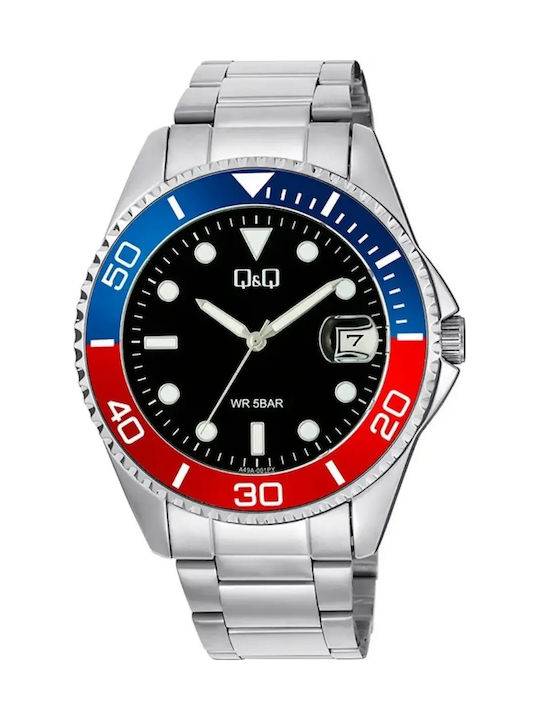 Q&Q Ανδρικό Ρολόι 44mm Μπαταρίας με Ασημί Μεταλλικό Μπρασελέ