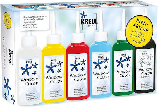 Kreul 42847 Window Color Set 5 X 80 Ml White Yellow Red Blue Green + Black Contour Paint