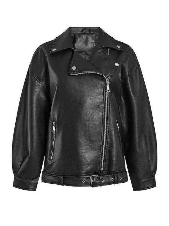 Celestino Women's Biker Artificial Leather Jacket Loose Fit Black