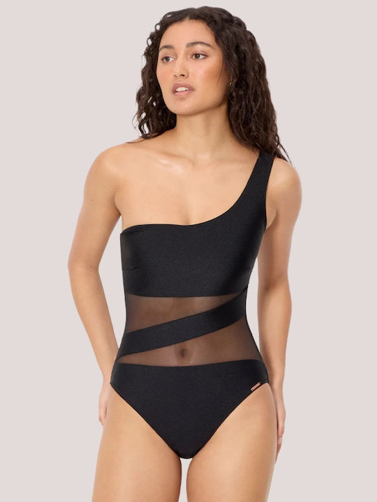 Ysabel Mora Women’s Swimsuit One Shoulder Black Shiny Beautiful Transparencies Black One Piece 83281