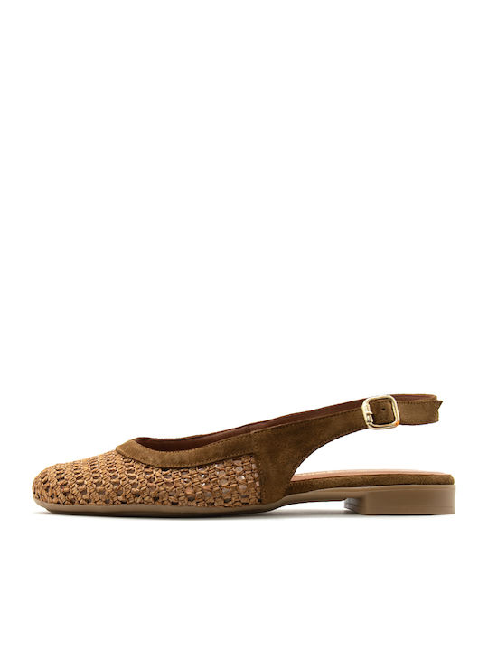 Bacali Collection Leather Women's Ballerina Shoes Slingback with Strap in Tabac Brown Colour