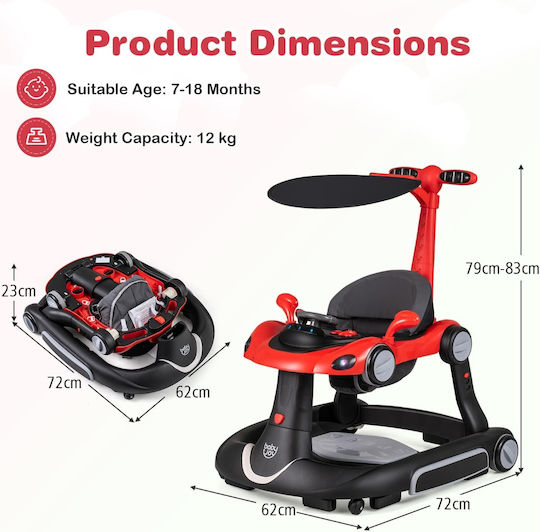 Costway Baby Walker 7 in 1 Foldable Canopy Adjustable Height Speed Red 79-83 x 62 x 72 Cm Bc10310br