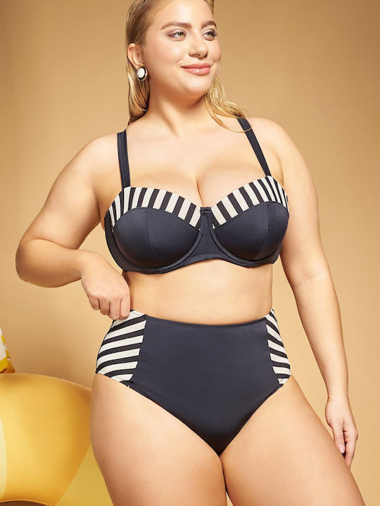Set Bikini Push Up Talie Înaltă Cu Dungi Negru