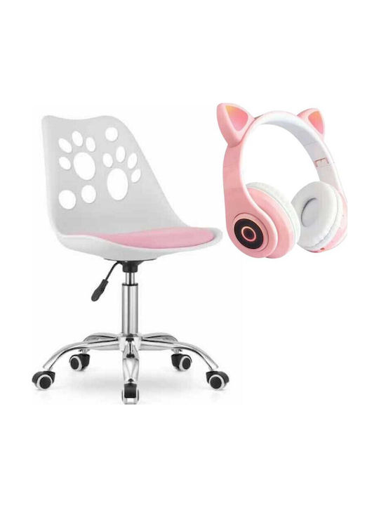 Mercaton Scaun Office 5 Roți din Cauciuc Pernă din Piele Ecologică Șezut din Pp Cadru din Aluminiu 50 X 60 X 89 Cm Alb Roz Căști Wireless Led cu Slot pentru Card Model Urechi de Pisică Roz