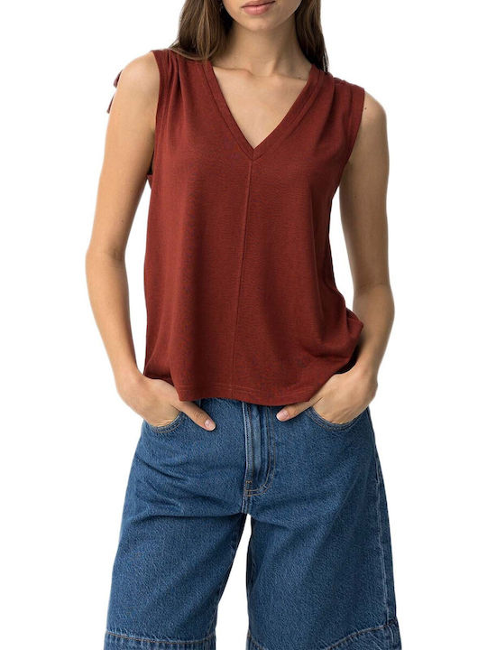Women's Sleeveless Blouse with V-Neckline Brick Red