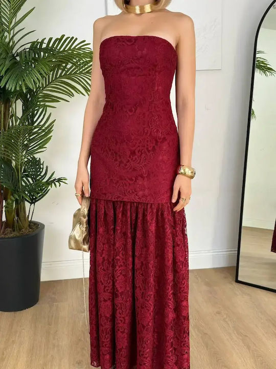 Sommer Maxi Damenkleid für Hochzeit - Taufe Trägerlos mit Spitze Rot