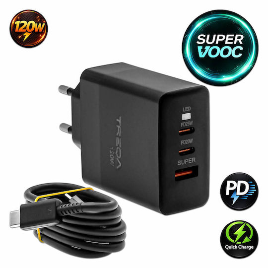 Treqa Ladegerät mit 2 USB-A-Anschlüssen und USB-C-Anschluss 120 W Power Delivery Schwarz (CH-652)
