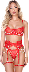 Lace Bra Set Adjustable String Panties Garters Pearls Red