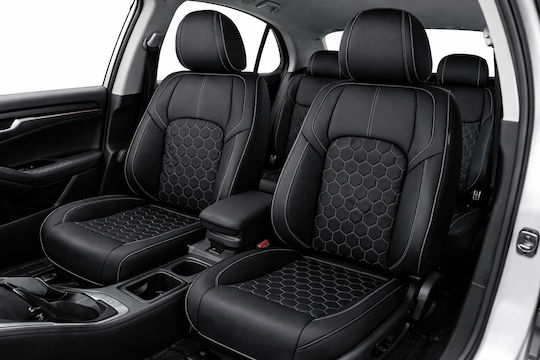 Autositzbezüge Set Universal Eco Leder Vorne Hinten Schwarze Weiße Streifen
