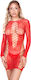 Fishnet Fitted Dress Rhinestones Cut-Outs Red
