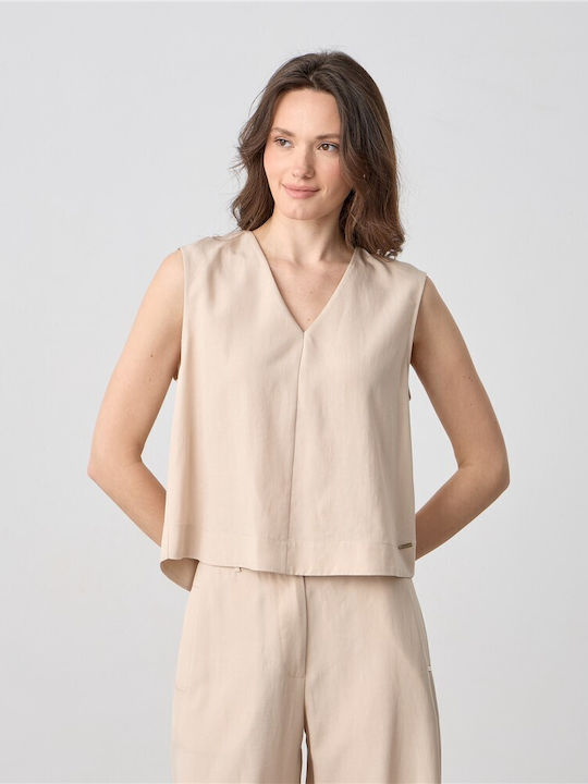 Women's Summer Linen Sleeveless Blouse with V Neckline Ecru