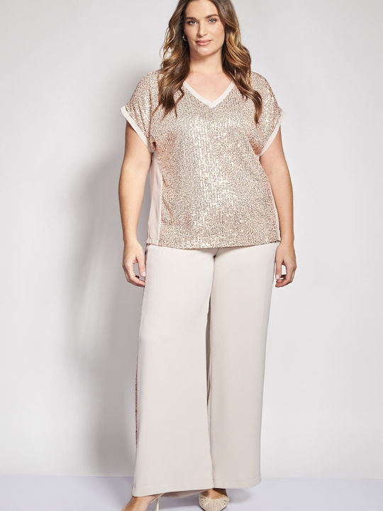 Pantaloni Dama Largi Bej High Rise Cu Paiete