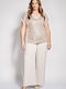 Pantaloni Dama Largi Bej High Rise Cu Paiete