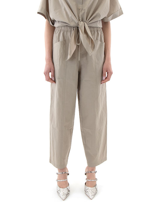 Damen Hochbund Stoff Capri Hosen mit Gummiband Beige S26B3208-Light-Khaki