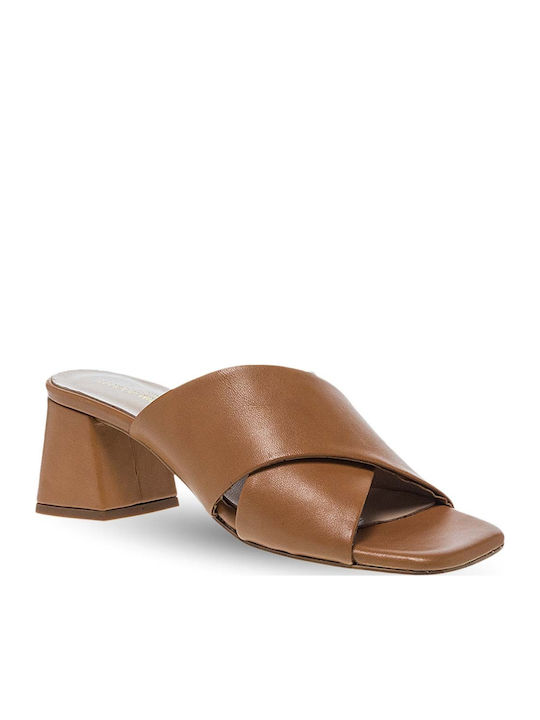 Pantofi Mules De Piele Cu Toc În Culoare Tabac Maro