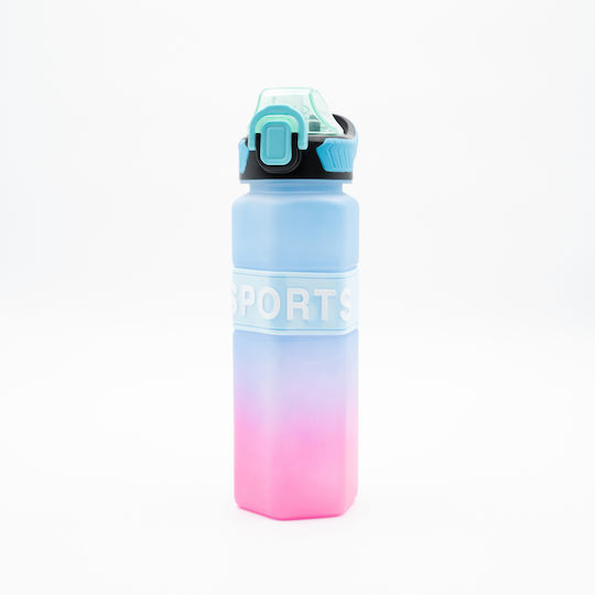 Sports Sticlă de Apă 750ml Ombre Roz-albastru Design Hexagonal Pai din Silicon și Mâner de Transport