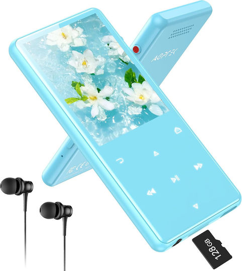 MP3 Player 128 GB Agptek Bluetooth 5.4 Ecran 2.4 Inch Înregistrare Cu Un Singur Click Difuzor HD Integrat Radio FM Carcasă Metalică Butoane Tactile Portabil Căști Incluse Albastru