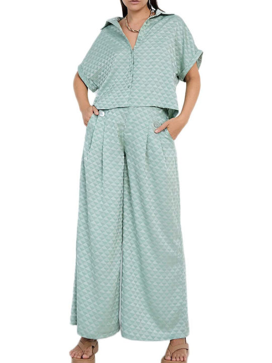 Skatie High Waist Fabric Trousers with Rubber Band Mint
