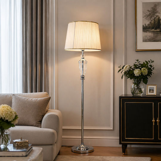 Floor Lamp Metal & Glass Fabric Shade 43x166cm Silver Home Floor Lamp Metal & Glass Fabric Shade 43x166cm Silver Home