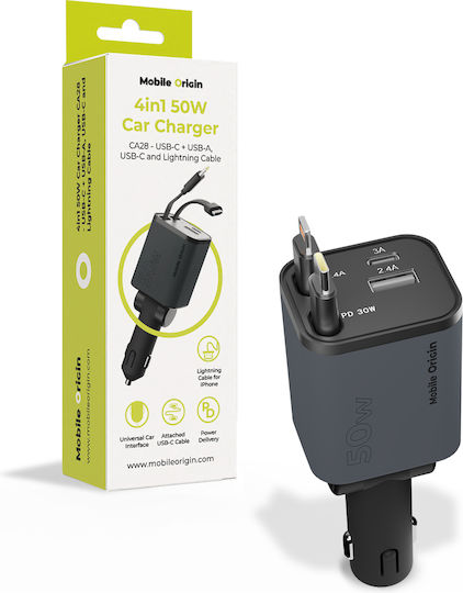 Mobile Origin Car Charger 50W 3A Fast Charging with Ports 1xUSB 1xType-C with Lightning / Type-C Cable Gray Color
