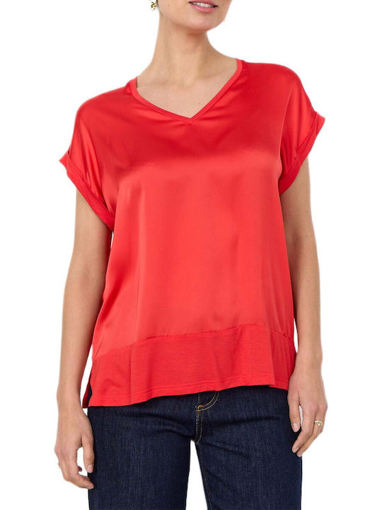 Women's Satin Blouse with V-Neck Red