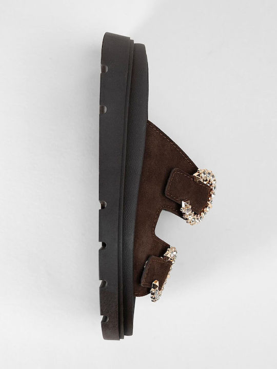 Leather Women's Flat Sandals Brown