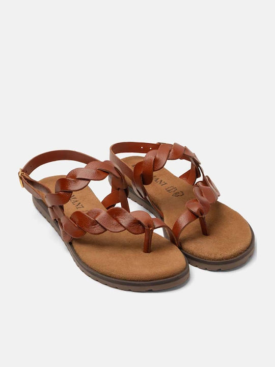 Lazamani Leder Damen Flache Sandalen Tabac Braun