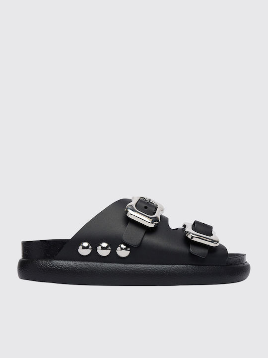 2 Straps Δερμάτινα Γυναικεία Σανδάλια Μαύρα