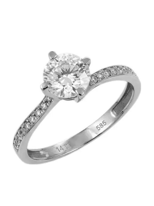 Single Stone Ring From 14K White Gold With Zircon
